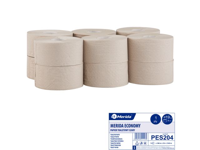 Papier toaletowy MERIDA ECONOMY, SZARY średnica 19 cm, długość 180 m, jednowarstwowy, zgrzewka 12 szt.